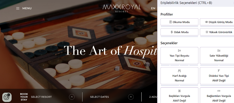 Maxx Royal hotel website with the Binclusive accessibility menu open